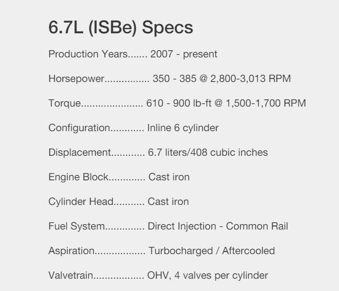 6.7L (ISBe) Specs