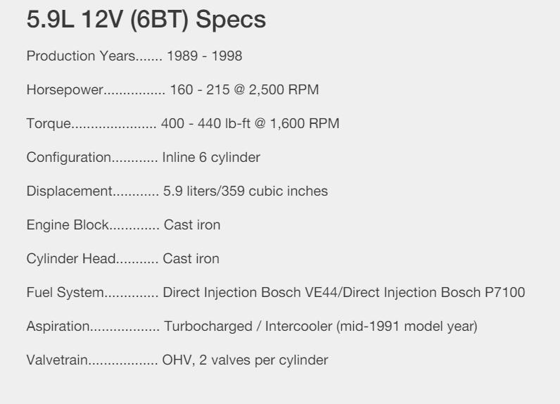 5.9L 12V (6BT) Specs